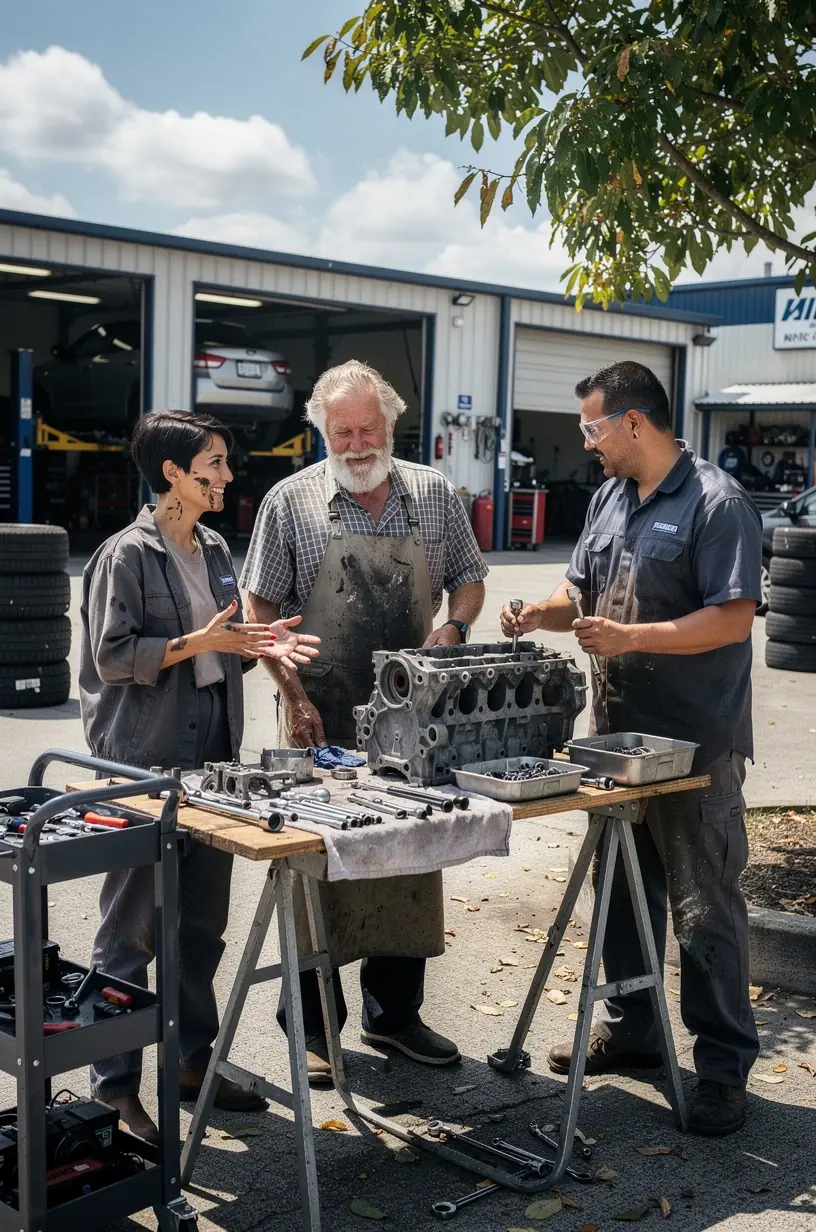 Hochqualifizierte Ingenieure analysieren Motorleistungsdaten zur Optimierung der Fahrzeugperformance.